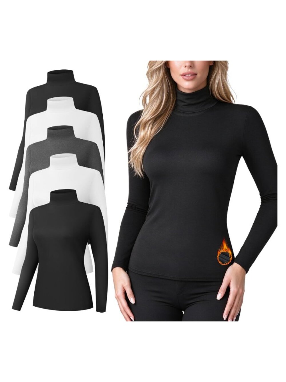 Women's Fleece Lined Turtleneck Thermal Long Sleeve Shirt 5 Pack Winter